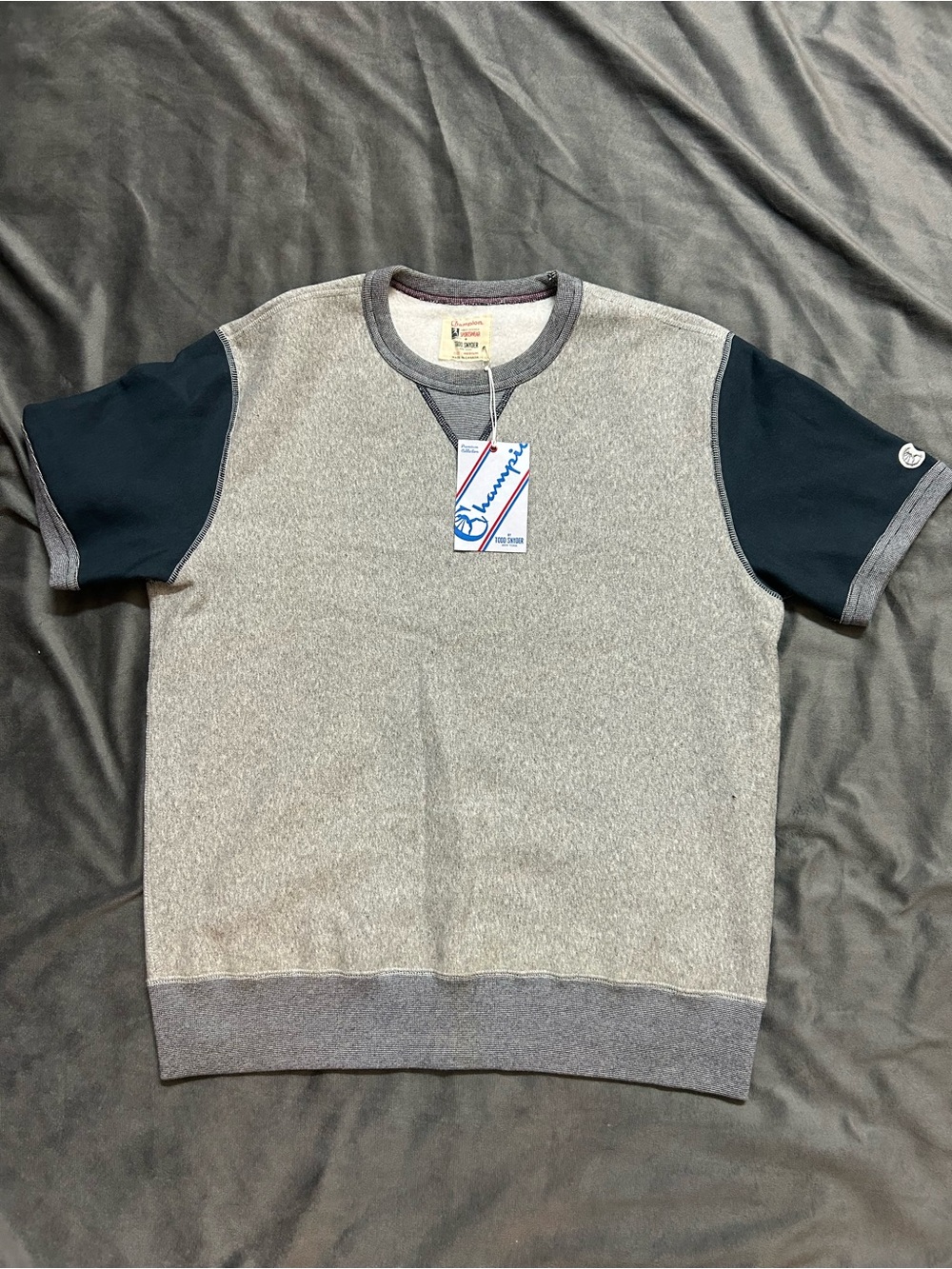 Todd Snyder x Champion Gray Crewneck Sweatshirt with Navy Short Sleeves